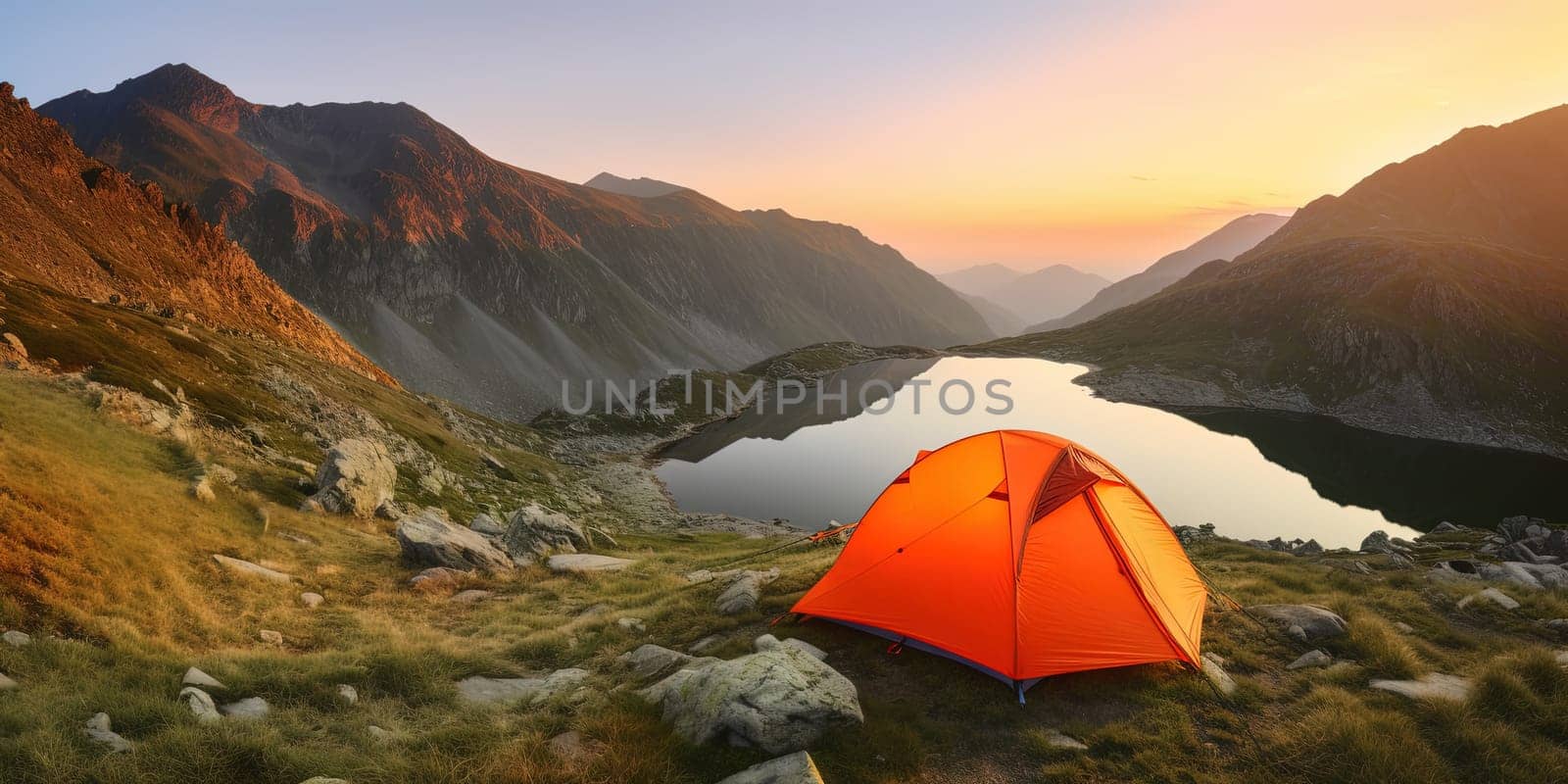 Orange tourist tent in mountains over Mountain Lake, beautiful landscape View in the evening, generative AI