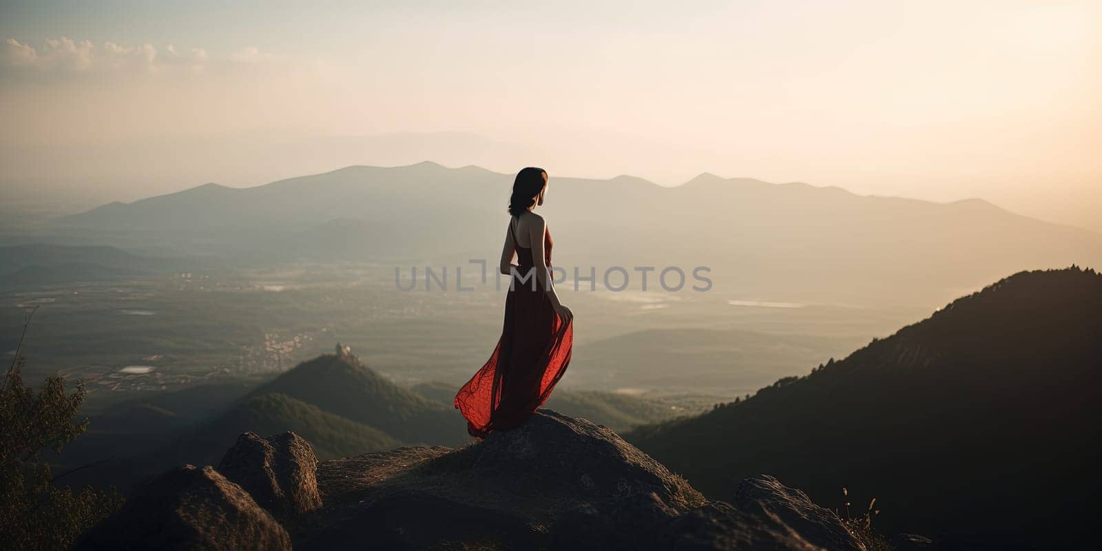 Silhouette of a girl in the mountains at sunset. by tan4ikk1