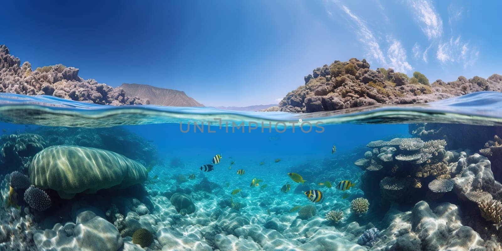 coral reefs with tropical fish near there volcanic island, underwater View, generative AI