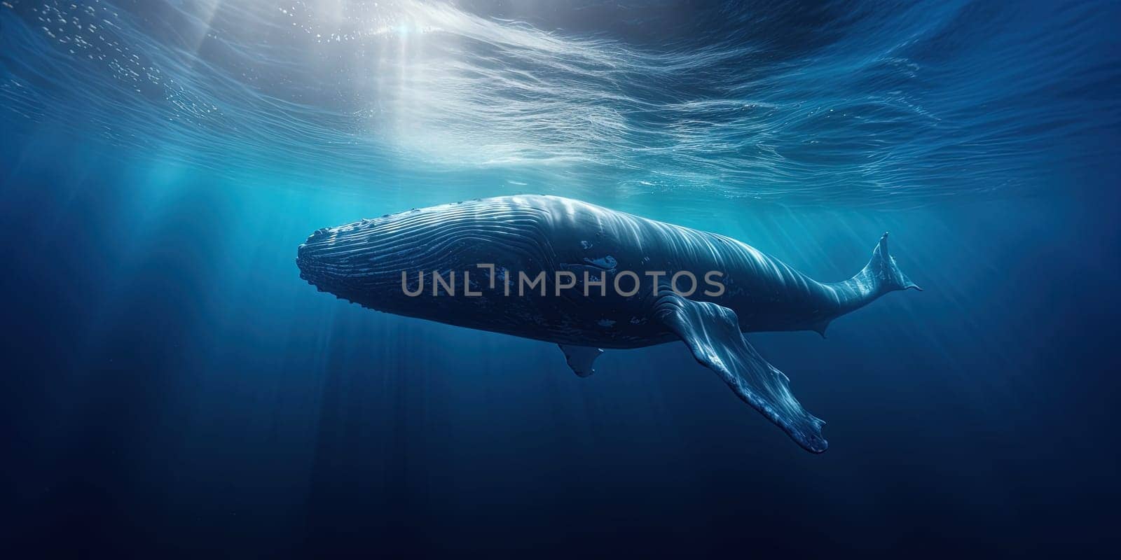 big blue whale in the ocean near the surface of water, underwater life, generative AI