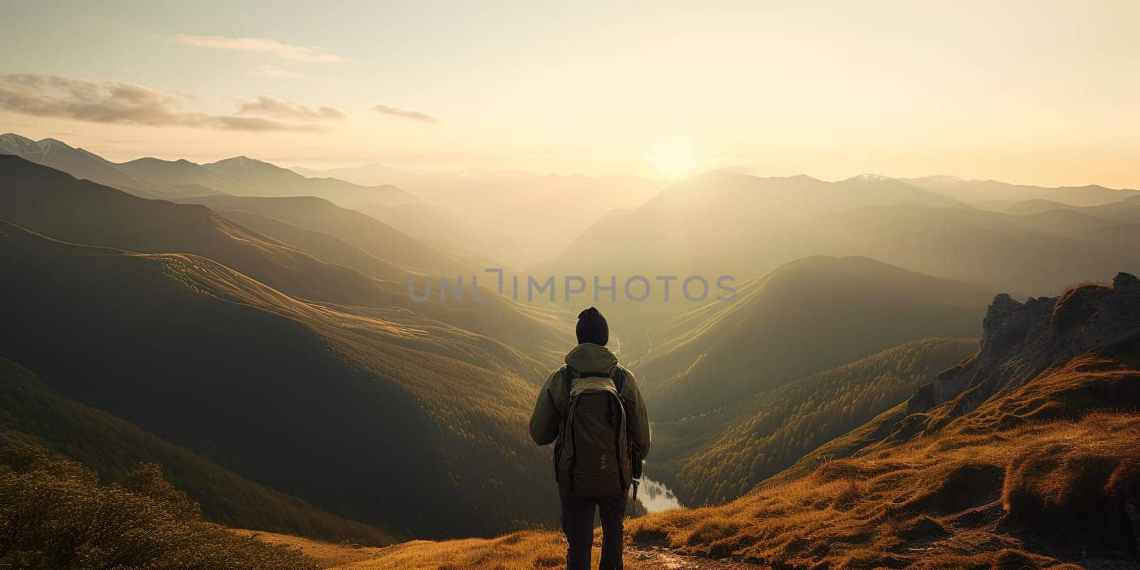 lonely tourist with backpack in the mountains looking at amazing Valley at sunset, generative AI