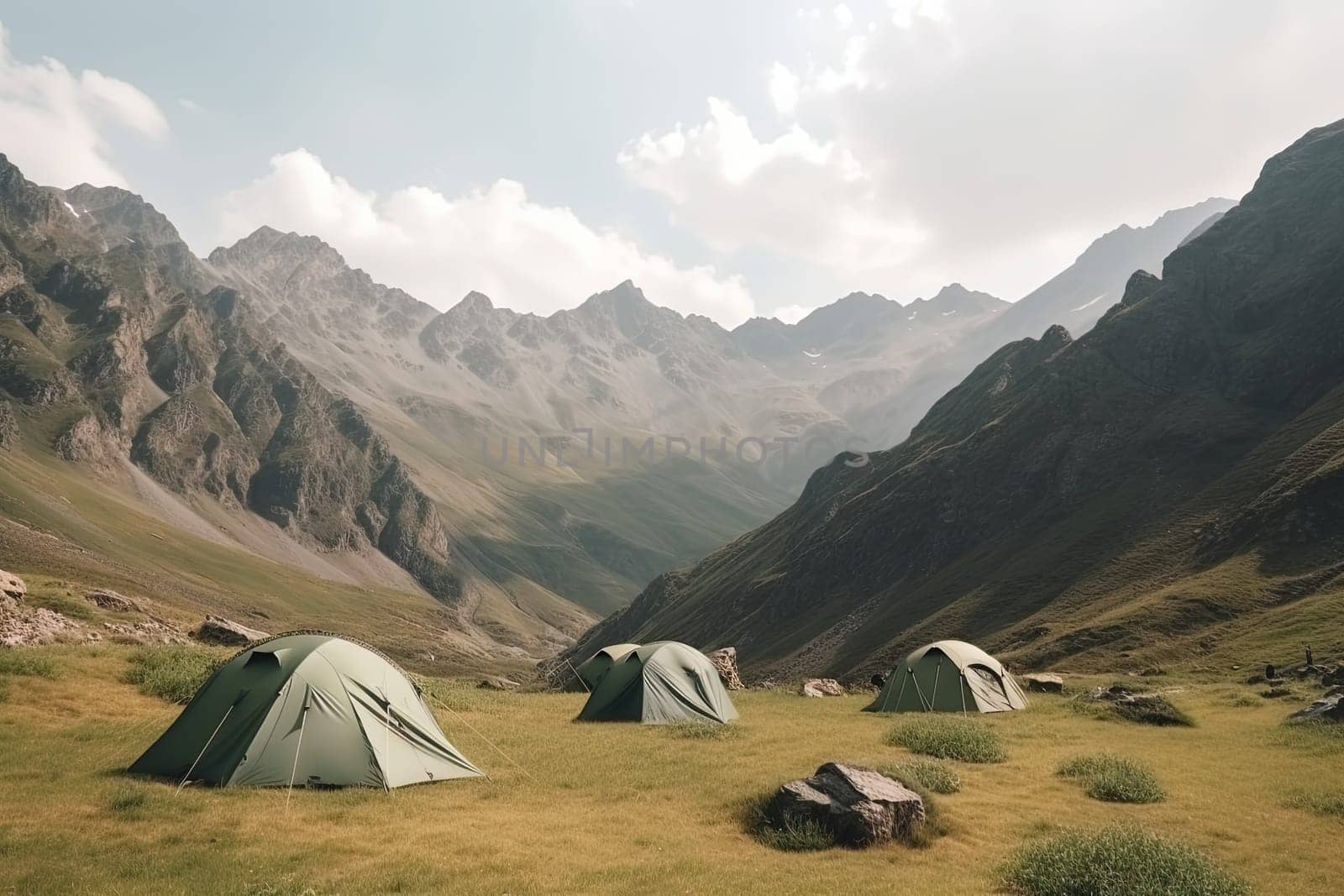 tourist tents in a valley in mountains, tourist camp, generative AI