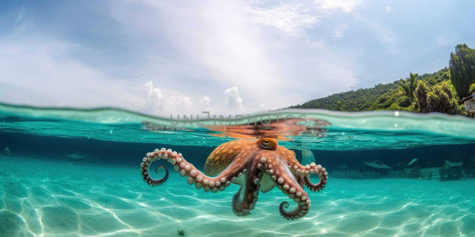 big octopus swims near the surface of water of the sea, underwater shoot of underwater life, generative AI