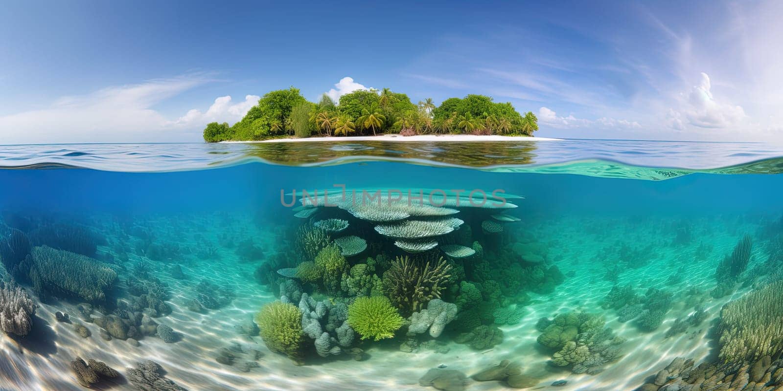 small green tropical island underwater View from the tropical sea with coral reefs and fishes, generative AI