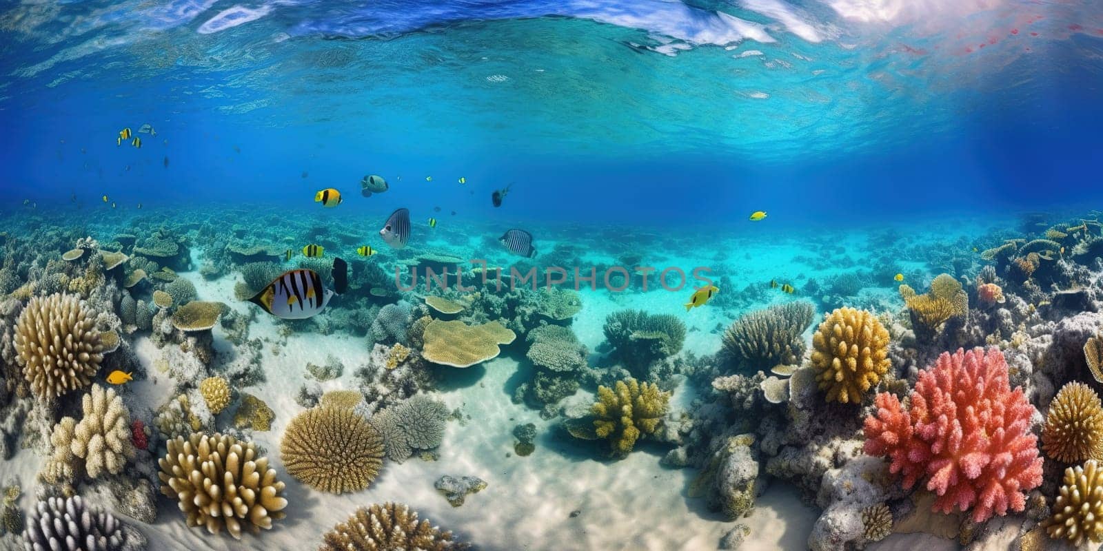 colorful coral reefs and flock of tropical Vivid vicious in the Sea, underwater View, generative AI