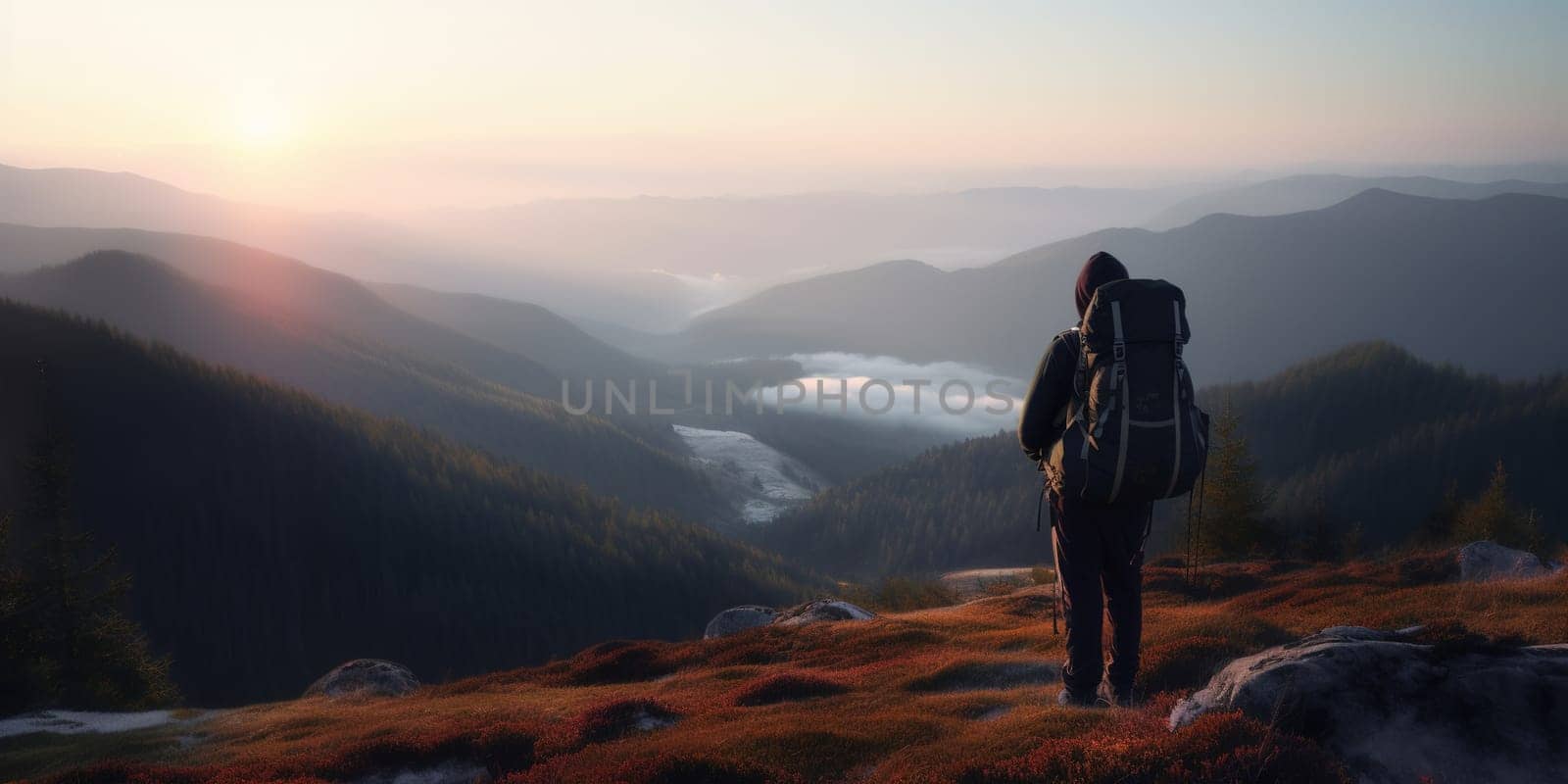 lonely hiker with backpack in mountains at sunset, generative AI