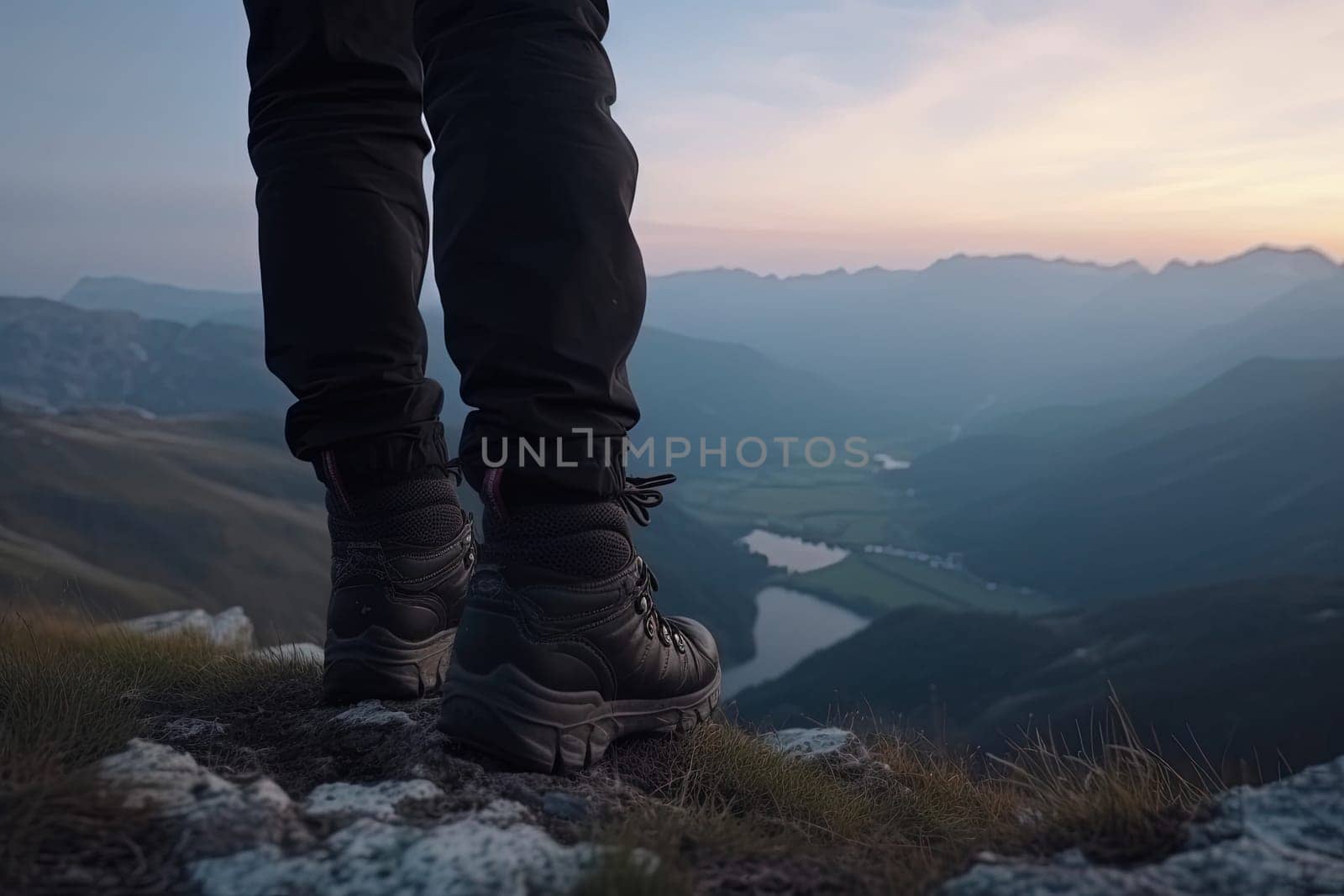 boots of lonely Backpacker on the hill of the mountain against amazing panoramic view, generative AI