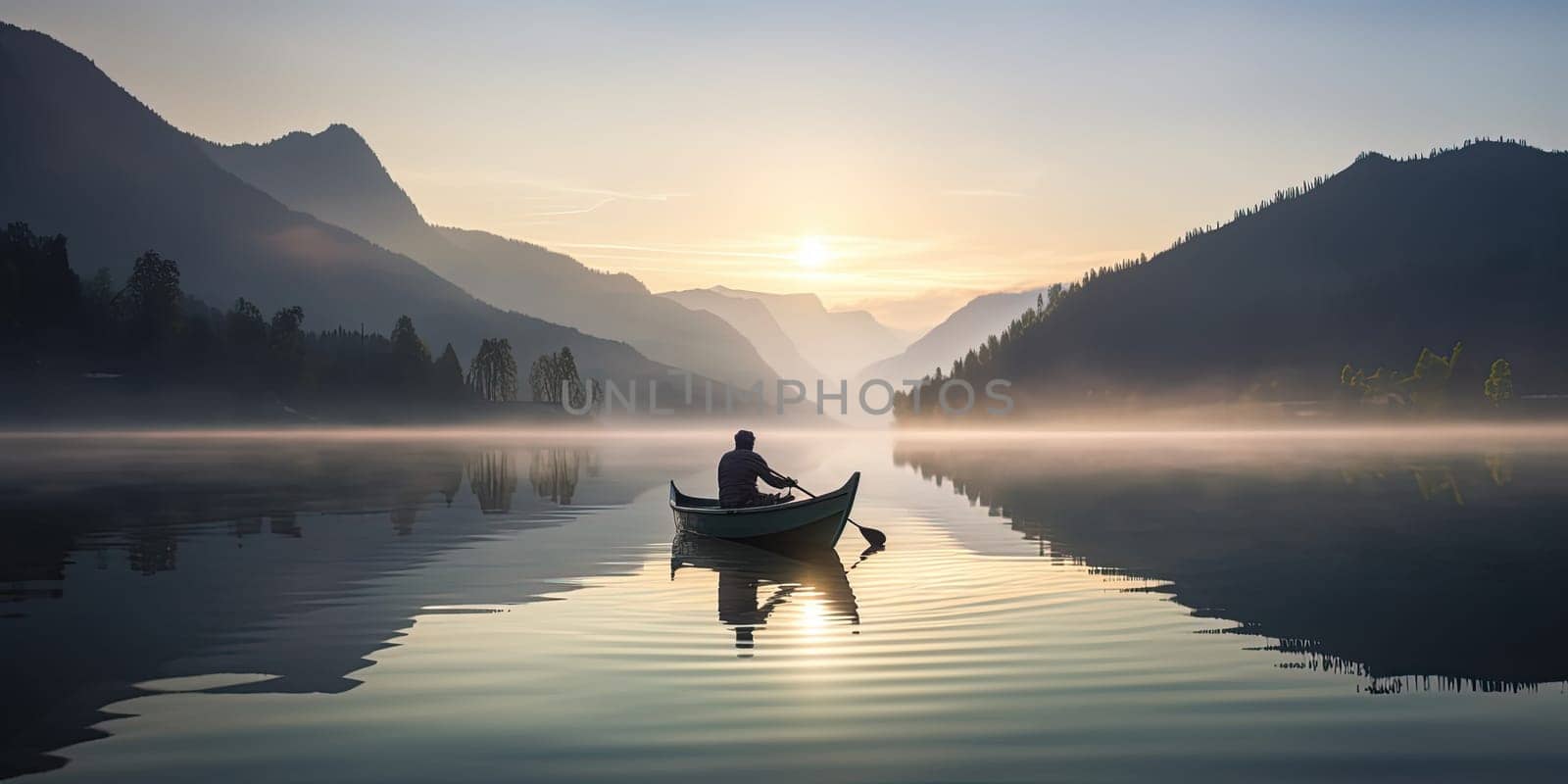 silhouette of Fisher in a boat floating on a calm surface of Mountain Lake by tan4ikk1