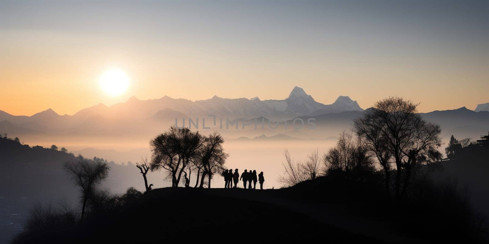 silhouette of traveling Friends on a hill of the mountain against high mountains as far as sunset, generative AI