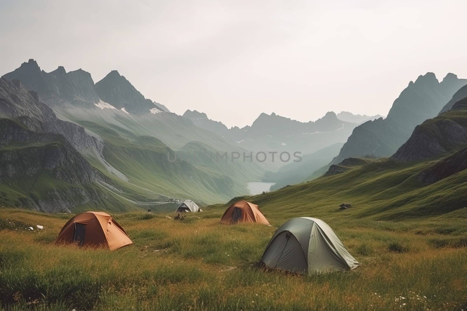 tourist tents in a tourist hiking camp in the mountains in the morning, generative AI