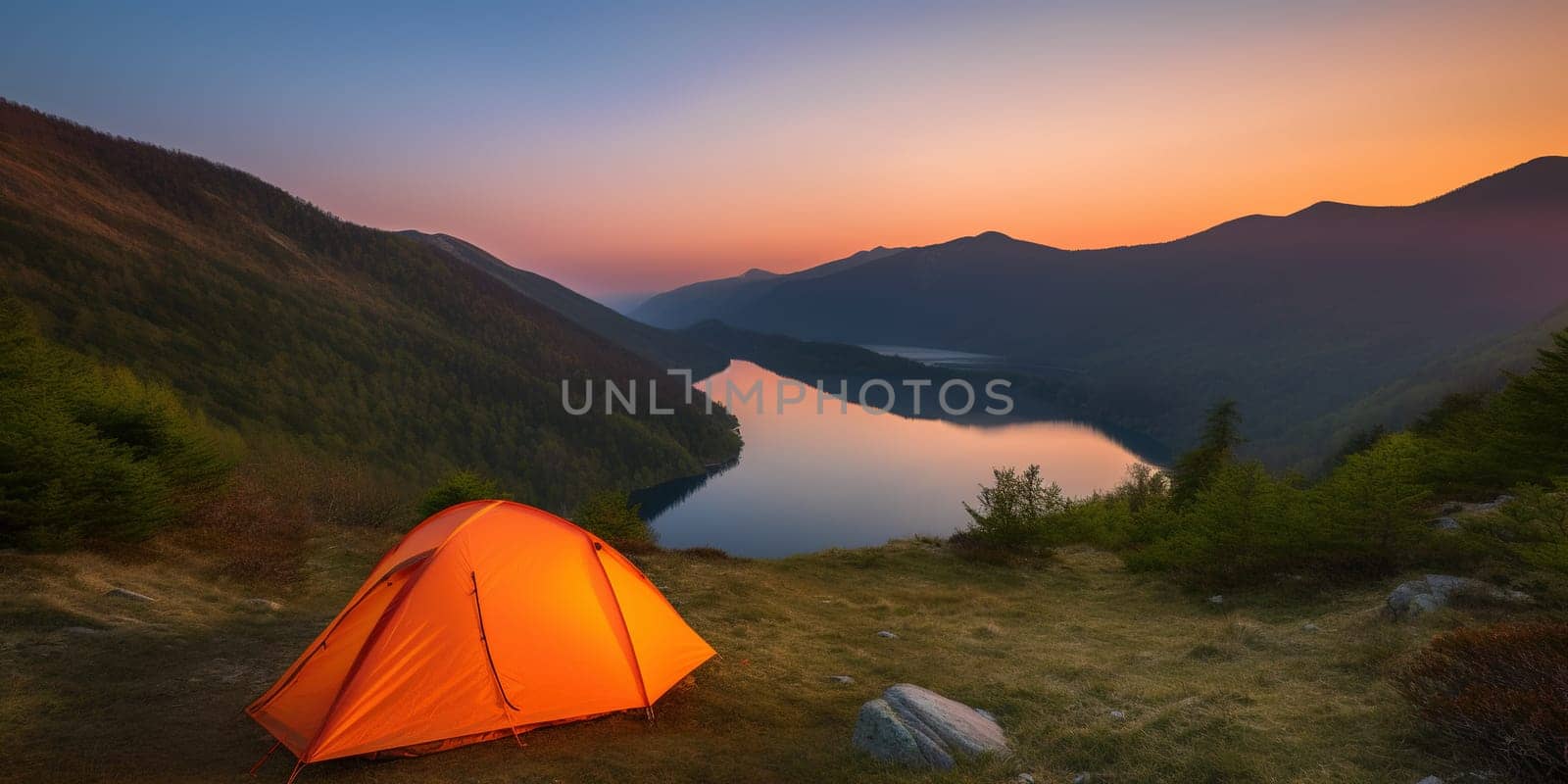 Orange tourist tent in mountains near Mountain Lake, beautiful landscape View in the evening, generative AI