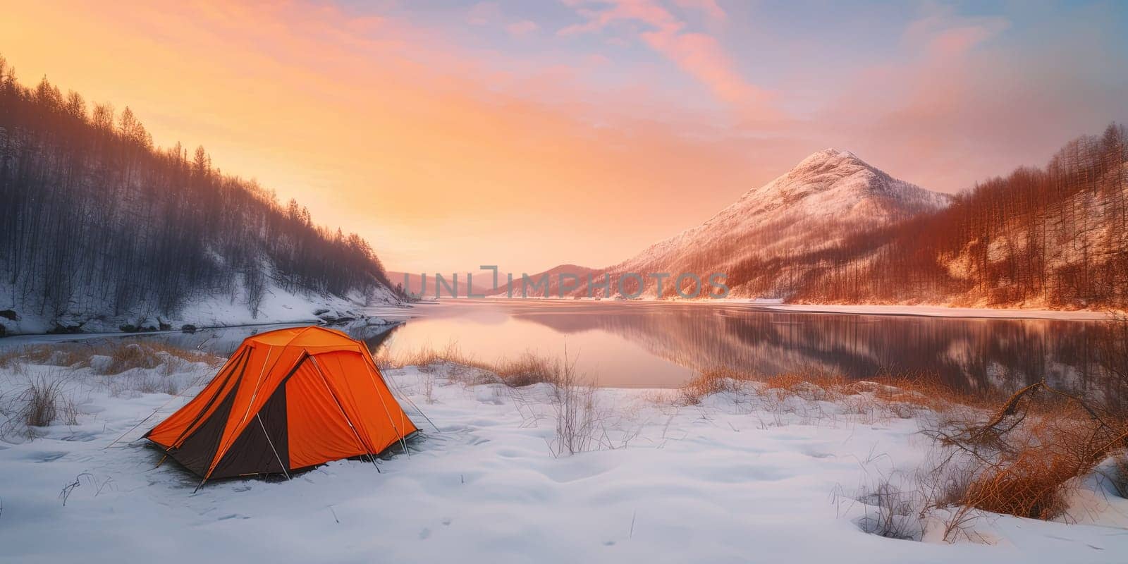 Lonely tourist orange tent on a snow near Mountain Lake in the mountains in the cold winter morning, generative AI