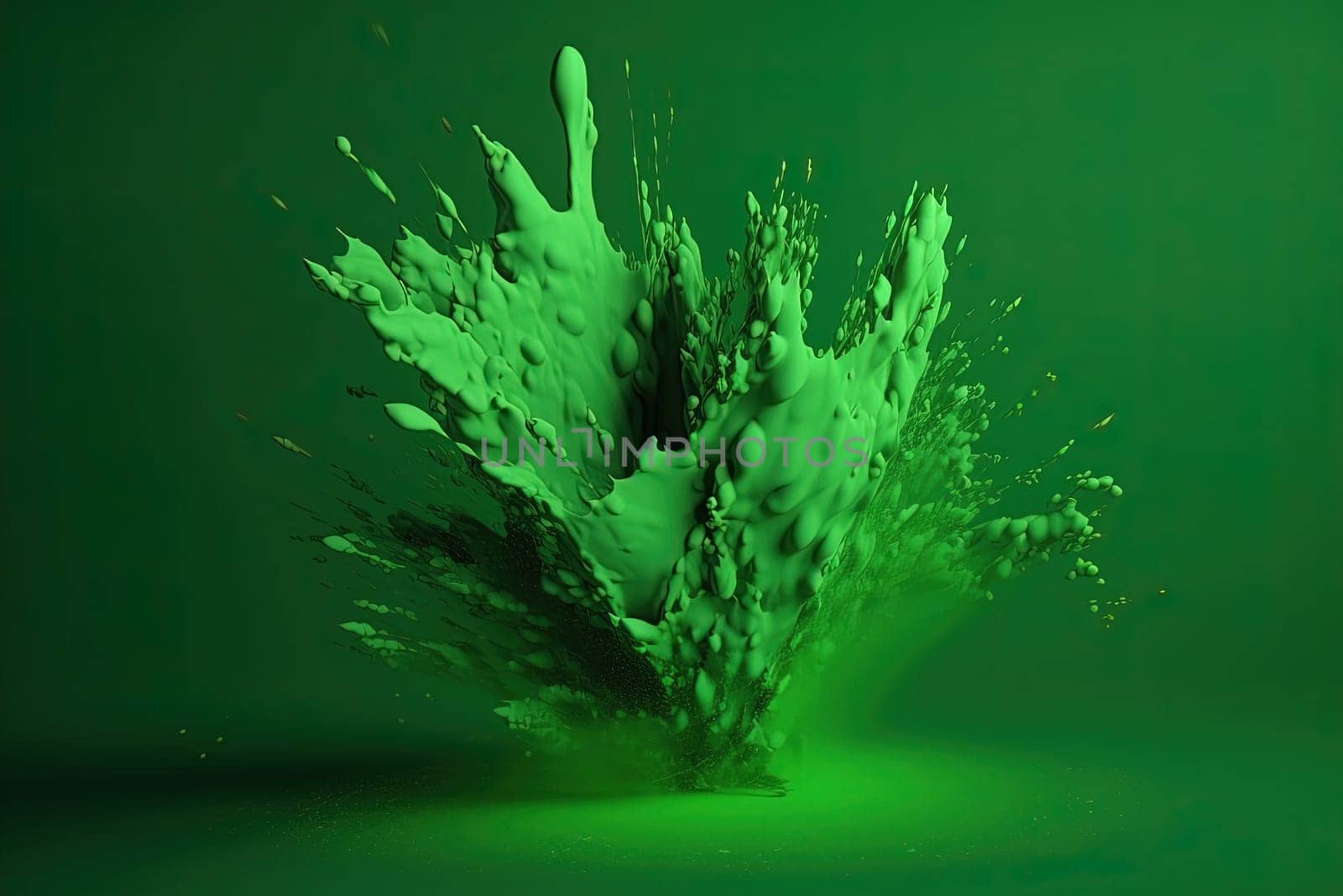 splashes of vivid neon green color paint on a green background, generative AI