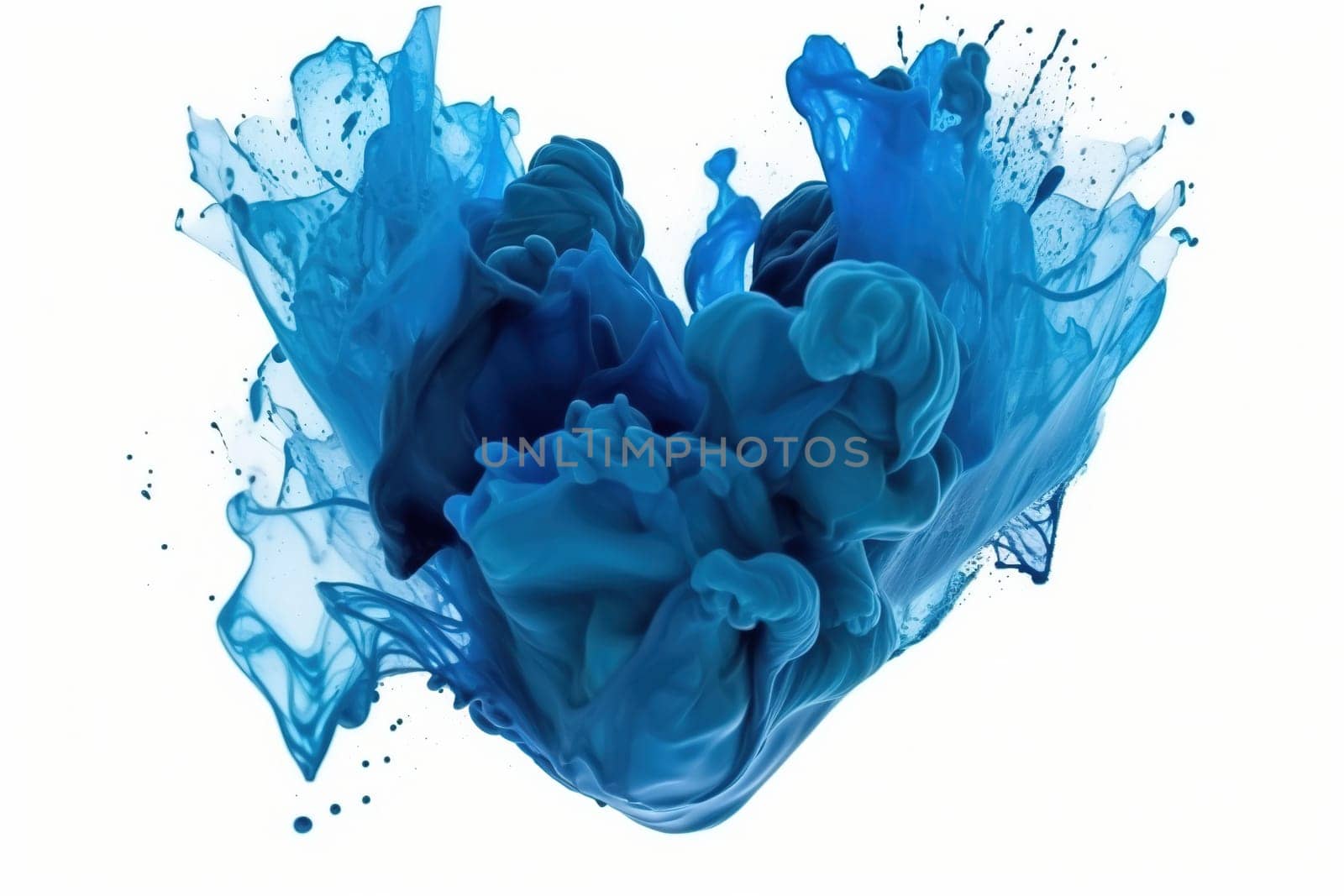 splashes of bursted azure blue color paint in heart shape isolated on a white background, generative AI