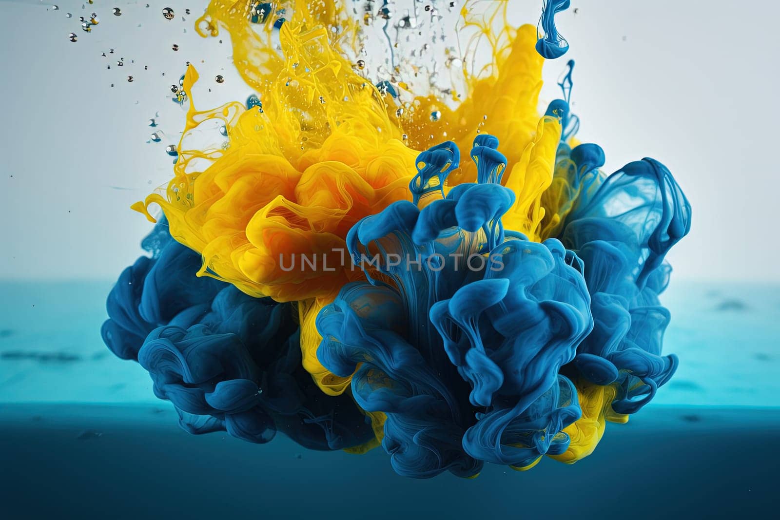 blow up splashes of paints in yellow and blue Ukrainian national flag colors, generative AI