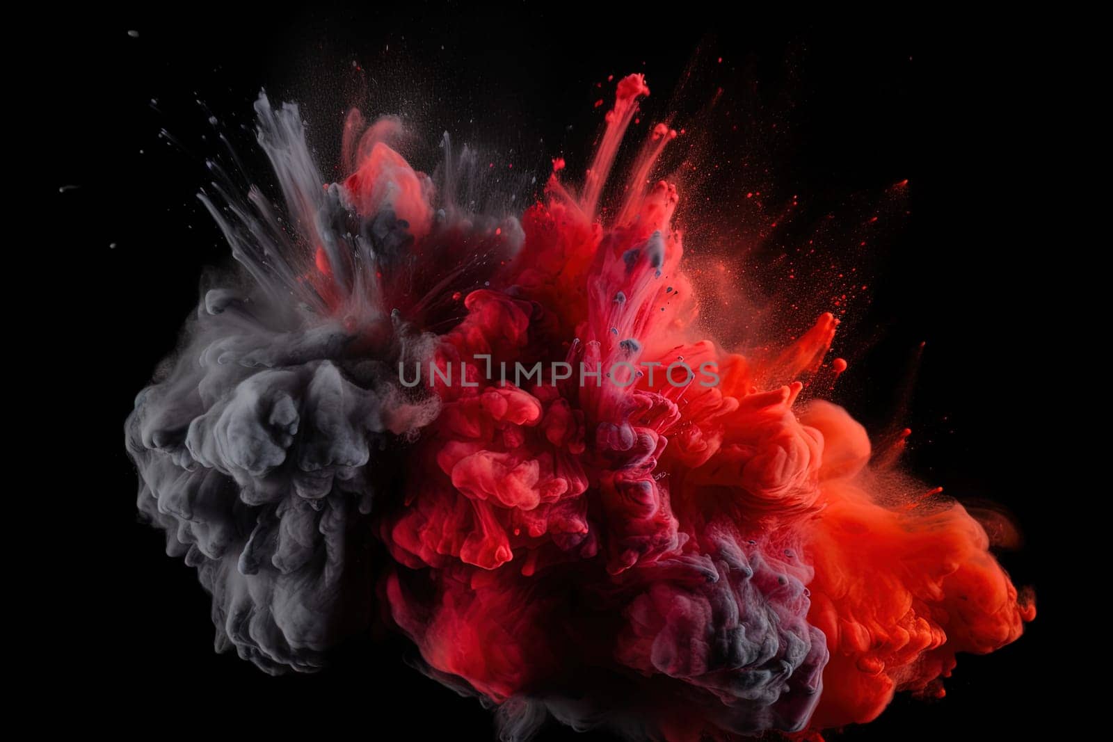 black and red Holi Powder paints blew up on a black background