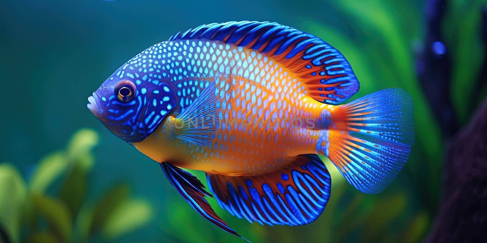 Vivid tropical fish in neon colors in the water, underwater View, generative AI