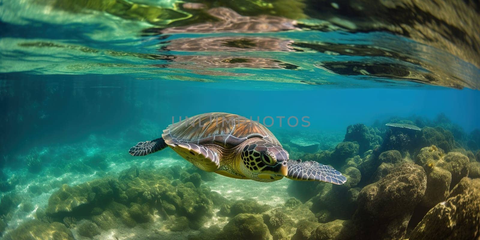 big water turtle swimming in the ocean near the bottom, underwater life, generative AI
