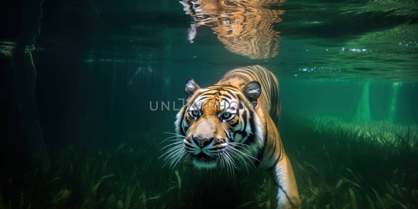 wild tiger swimming in the water of river, underwater View of wild nature, generative AI