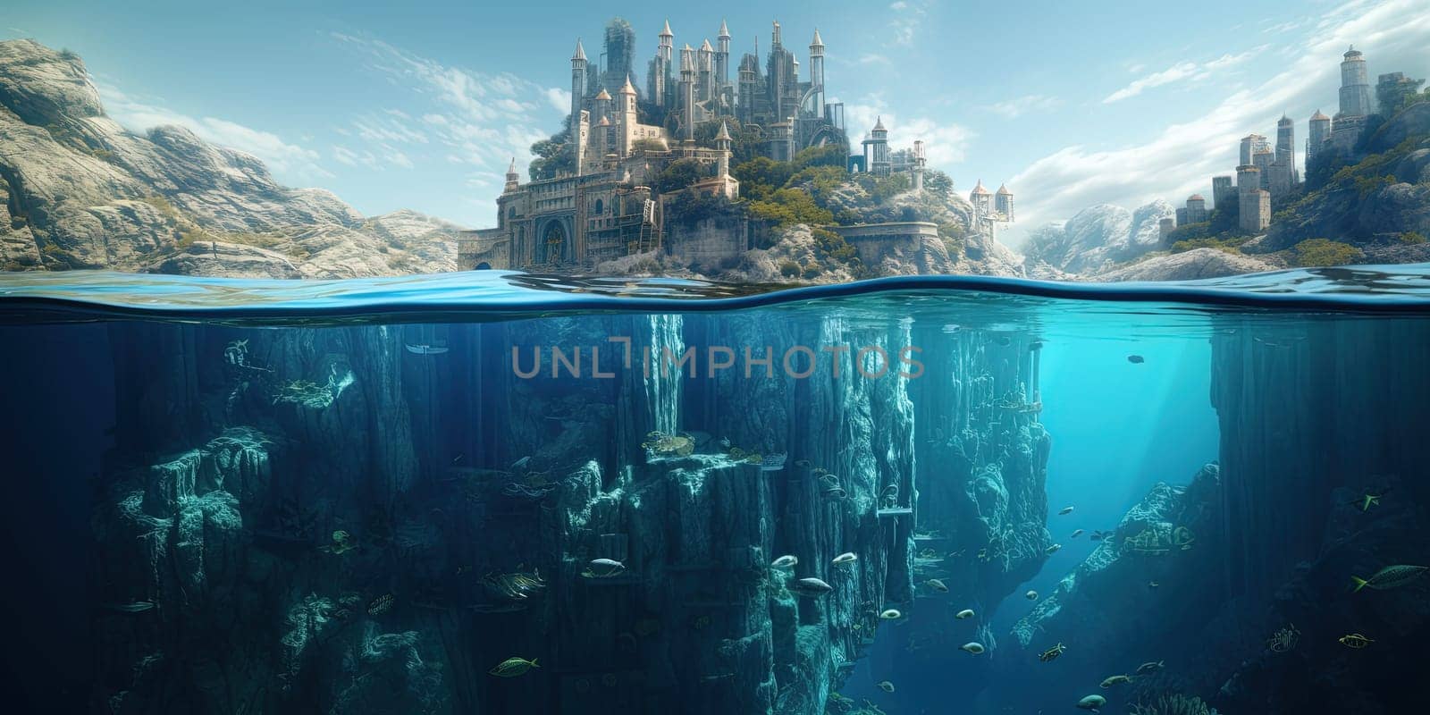 mysterious Castle built on the ocean rock, underwater View, generative AI