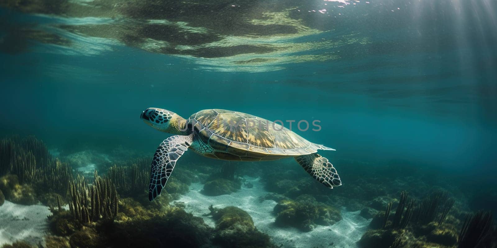 big water turtle swimming in the ocean near the bottom, underwater life, generative AI