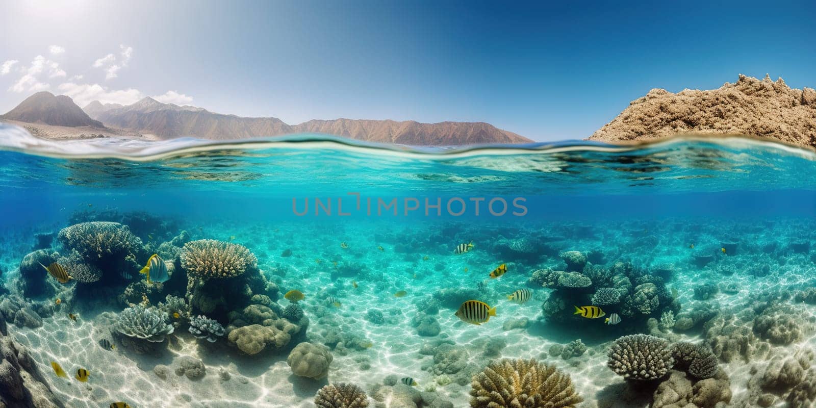 coral reef with tropical fish near the island underwater View, generative AI