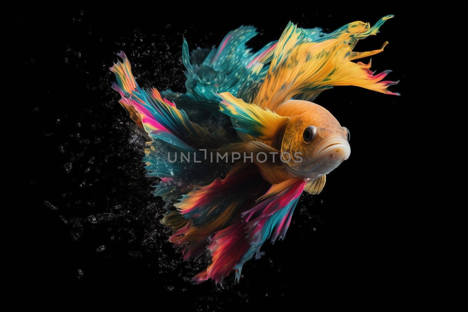 close up gold fish with lush colorful vivid tail and water drops on a black background, generative AI