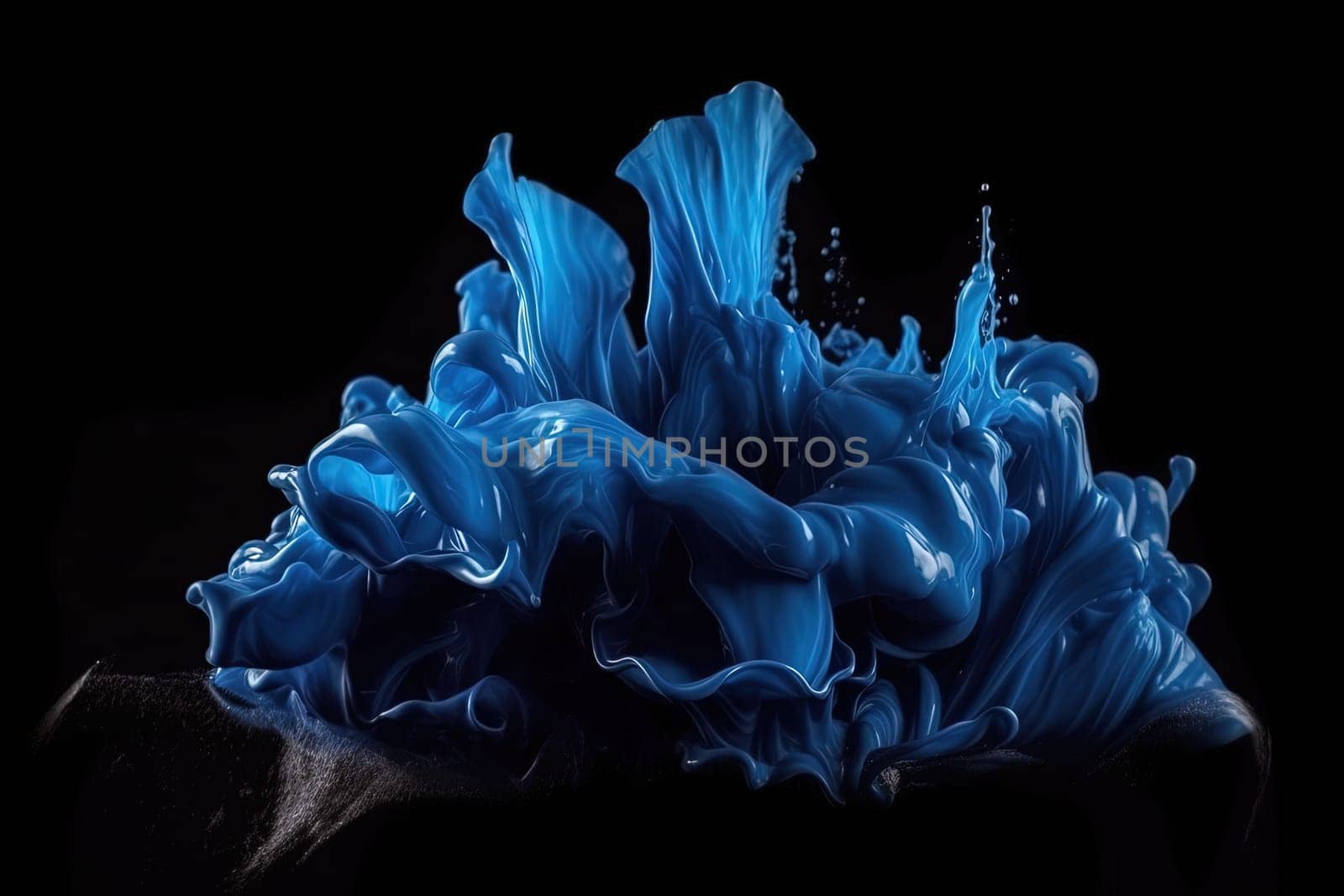 splashes of paint in dark blue color isolated on a black background, generative AI