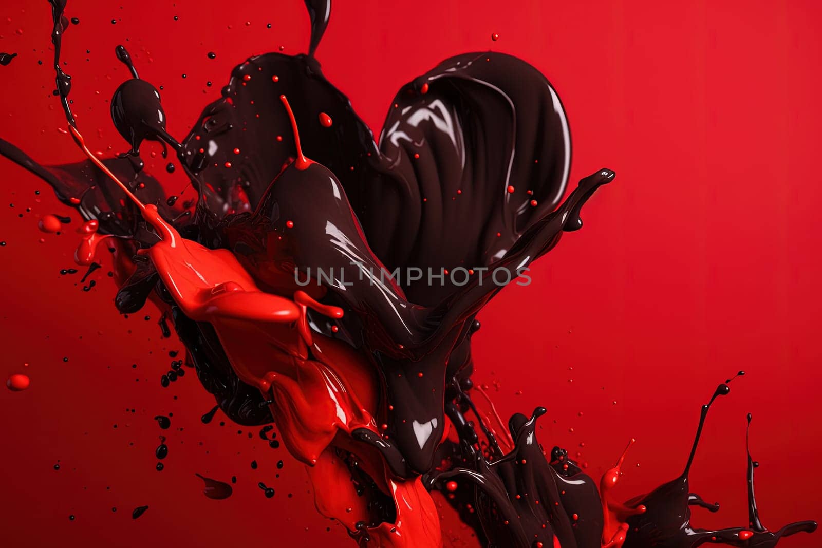 drops and splashes of black cherry red color paint on a red background, generative AI