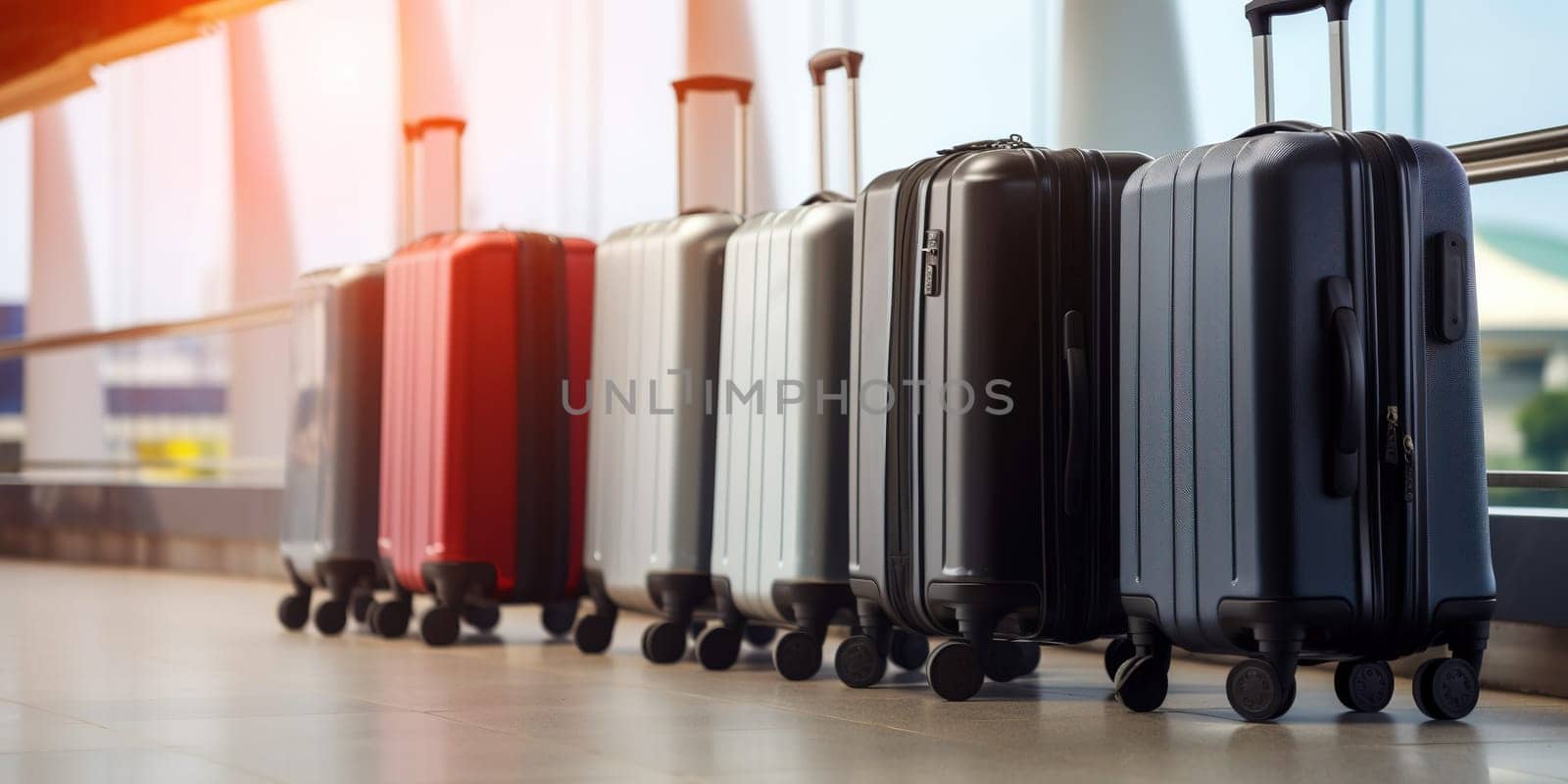 Suitcases Standing In Airport Hall Waiting Fly Passengers , Concept Of Air Travel