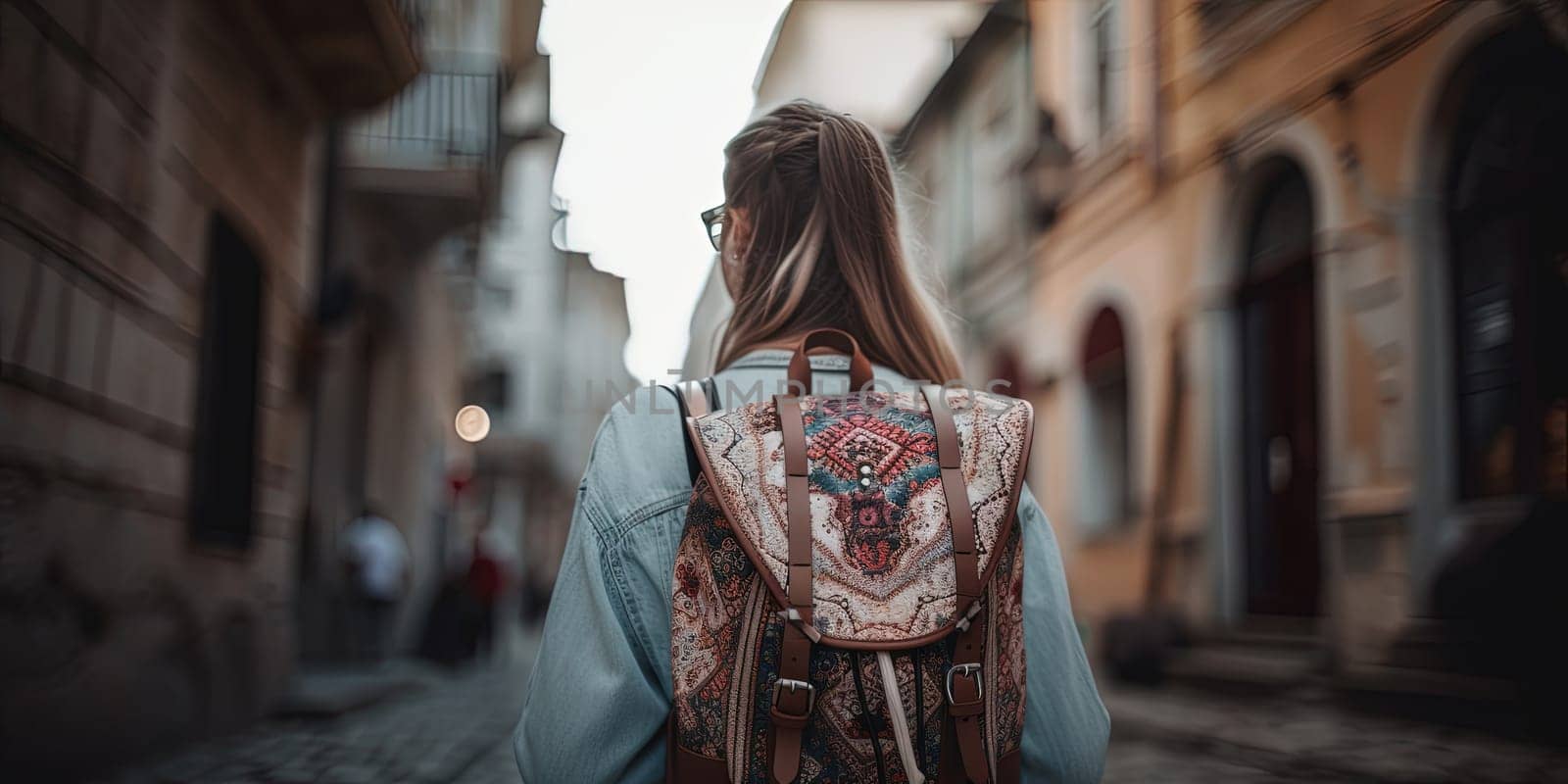 Young Girl With Stylish Backpack On A Street , Back View