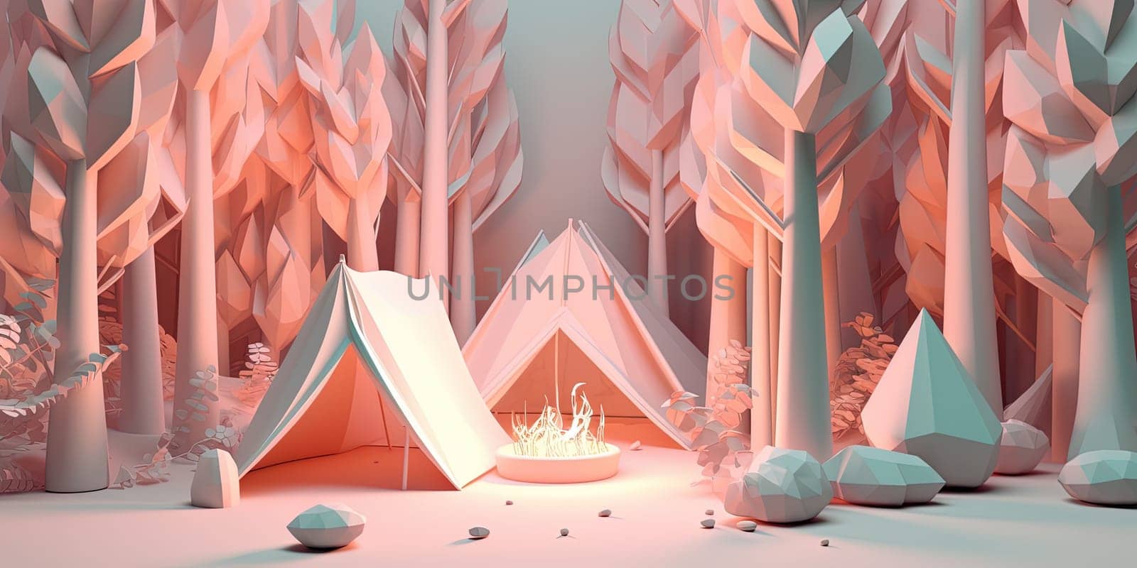 3D Illustration Tents In Forest And Bonfire At Night , Concept Of Nature Tourism