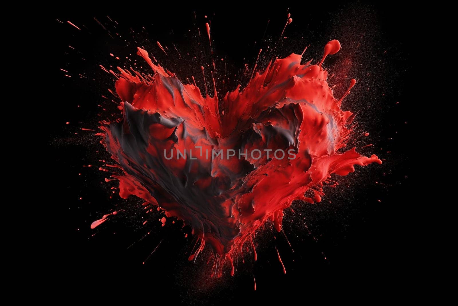 Black and red paint splashes form a heart shape, symbolizing deep passion and mystery, as they dramatically stand out against a dark black background. , generative AI