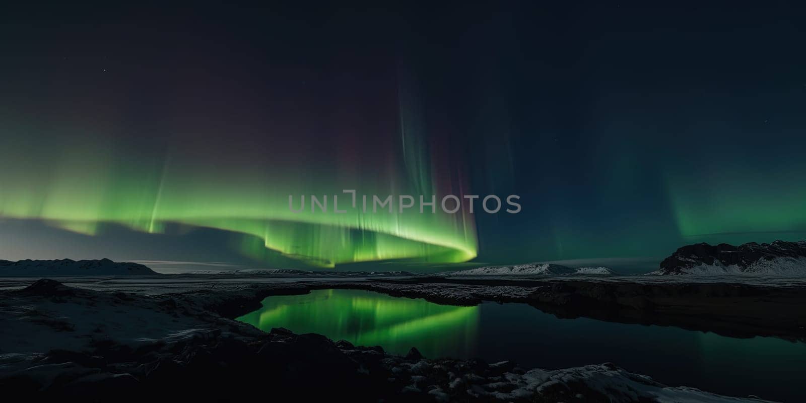 view of Aurora green Northern Lights in the night sky near the Arctic Circle by tan4ikk1