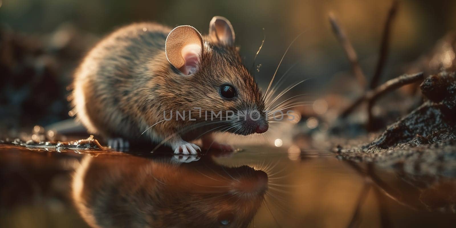 Grey Wild Mouse Drinks Water Form The Puddle In The Forest, Animal In Natural Habitat