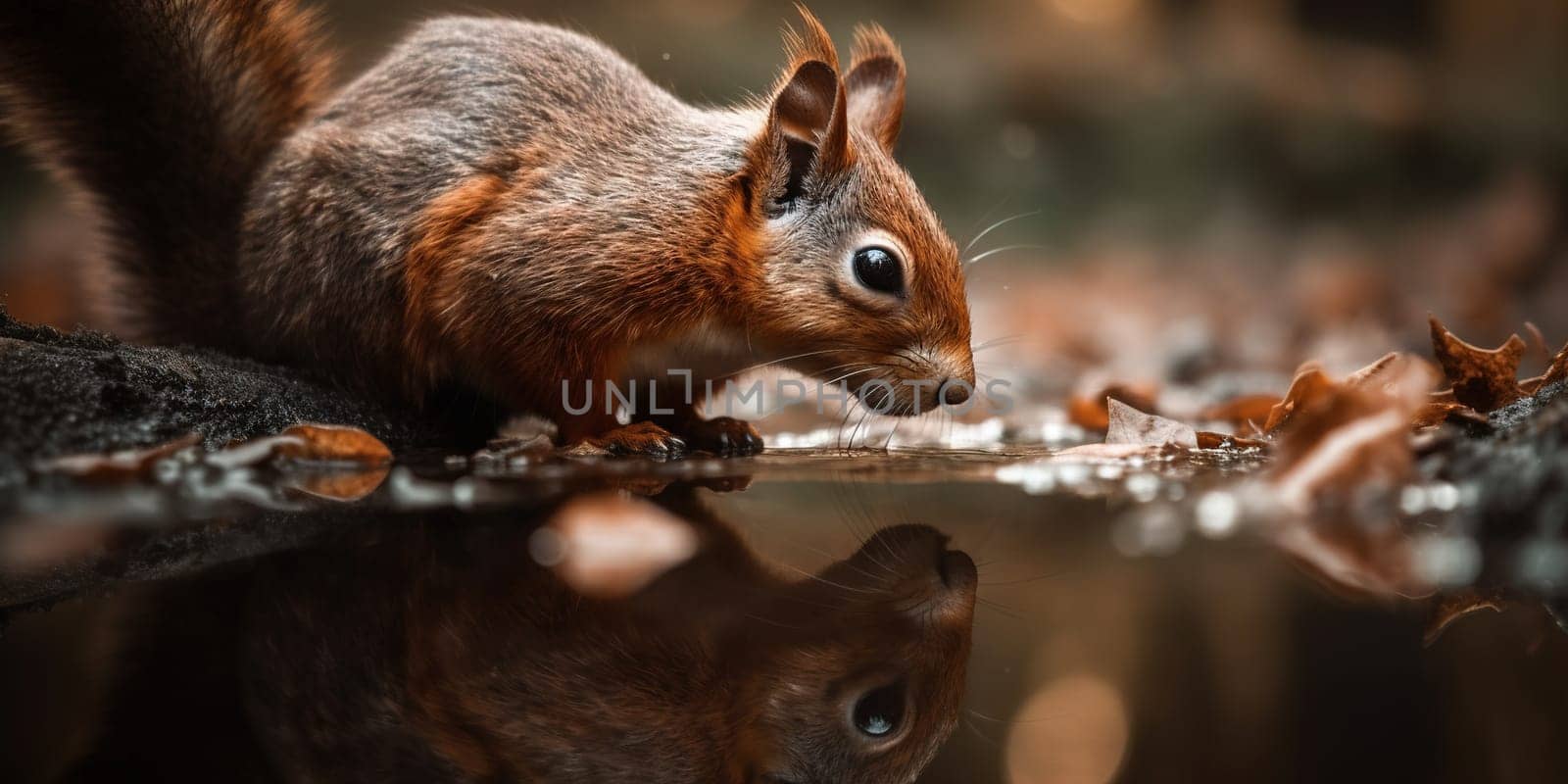 Beautiful Red Wild Squirrel Drinks Water From Creek In Autumn Forest, Animal In Natural Habitat