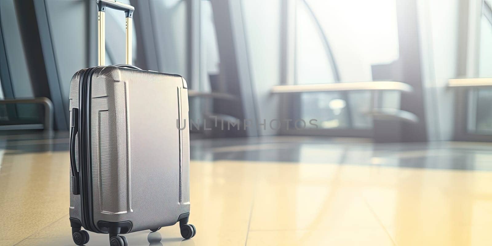 Grey Lonely Suitcase In Airport Hall Waiting Fly , Concept Of Vacation Travelling