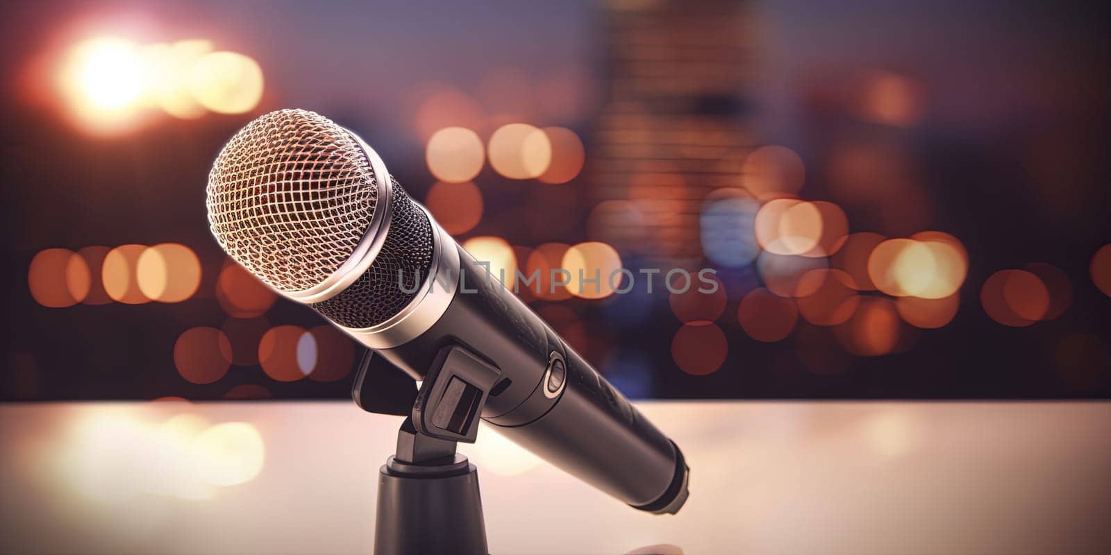 Wireless Microphone Waiting For A Singer Against Blurred Night City