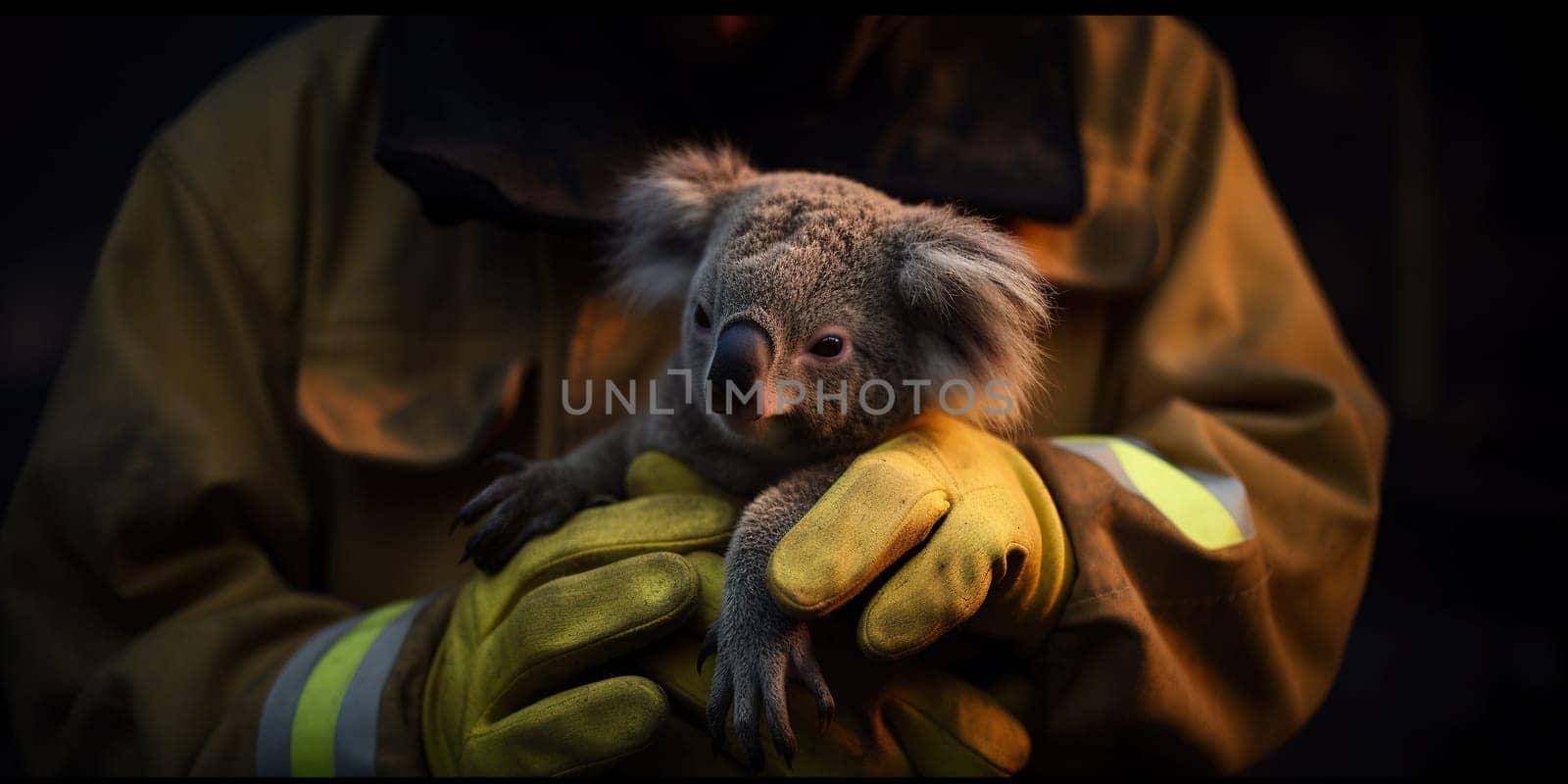 Fireman Holding Wild Koala Bear Child During Fire In Forest by tan4ikk1