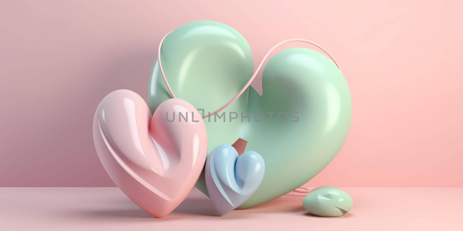 3D Illustration Hearts In Pastel Colors , Concept Of Love