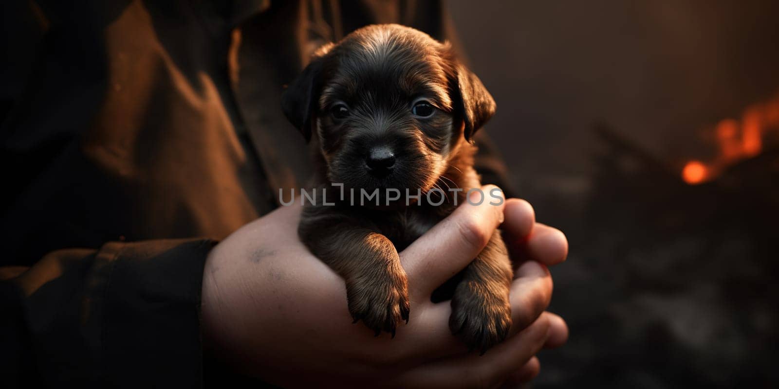 Fireman Holding Wild Puppy Dog During Fire , Concept Nature Wild Life Saving