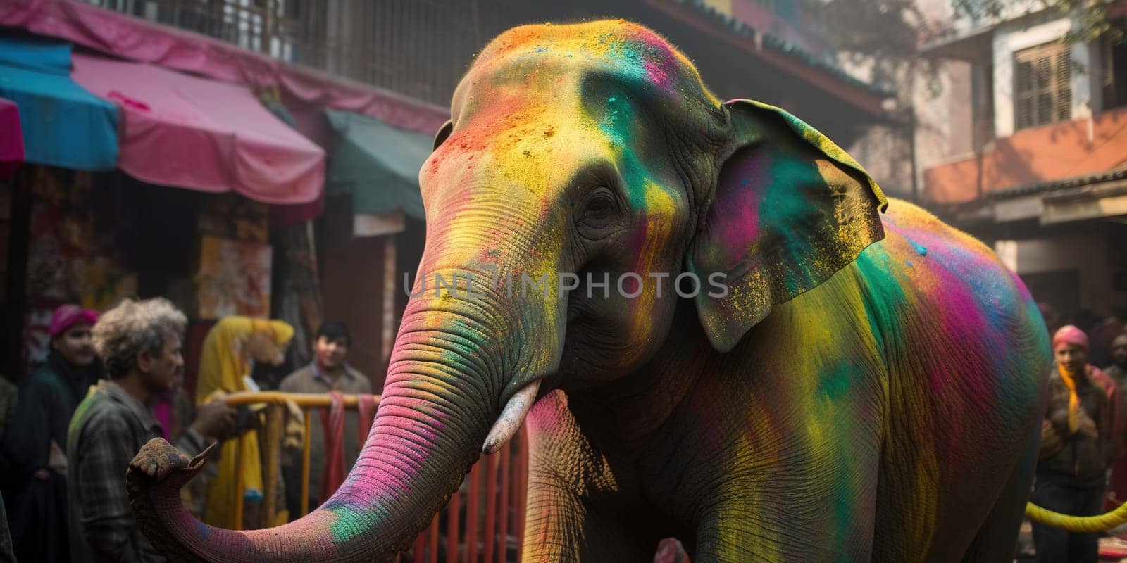 Elephant In Colorful Powder Paint On A Holi Holday, Generative Ai