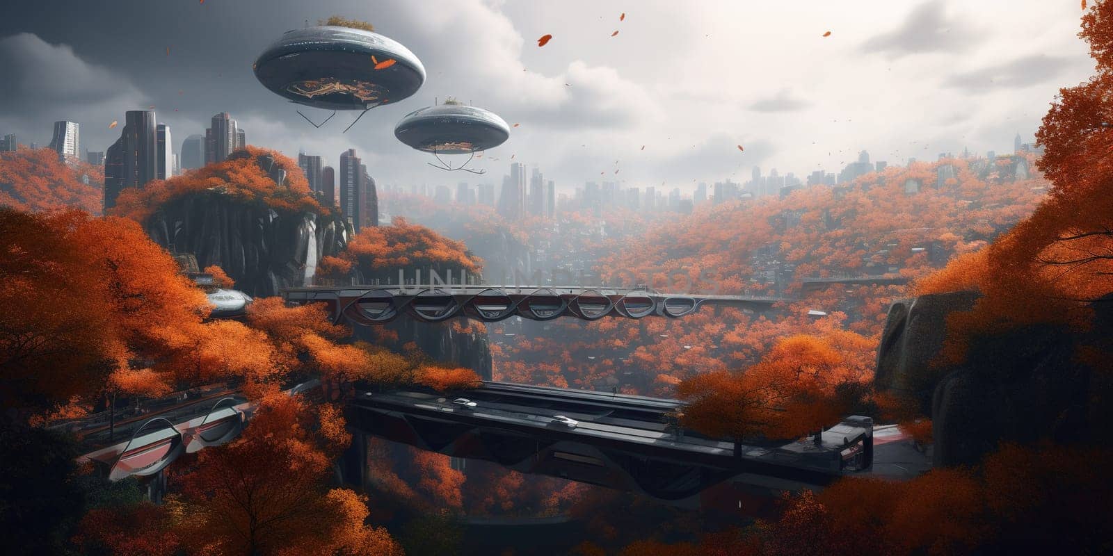 Fantastic World On Future With Flying Saucers In The Sky