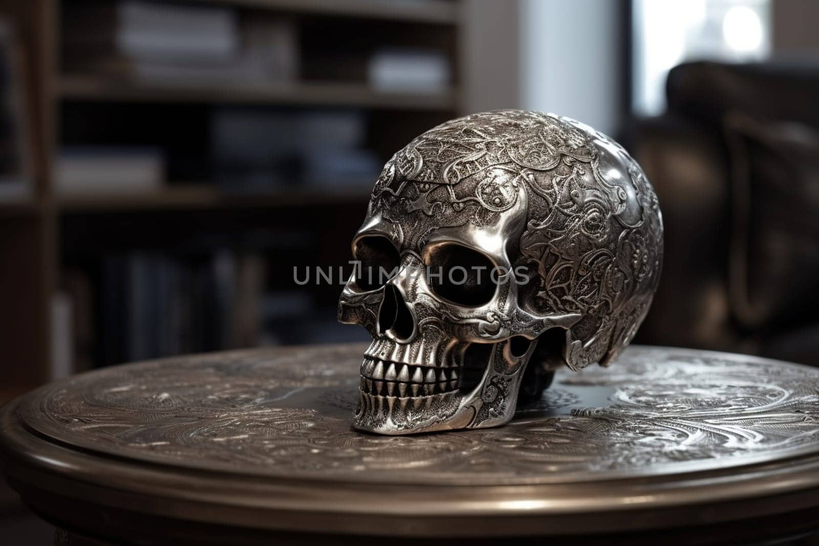 silver statuette of carving skull on a vintage table in mysterious dark room, generative AI