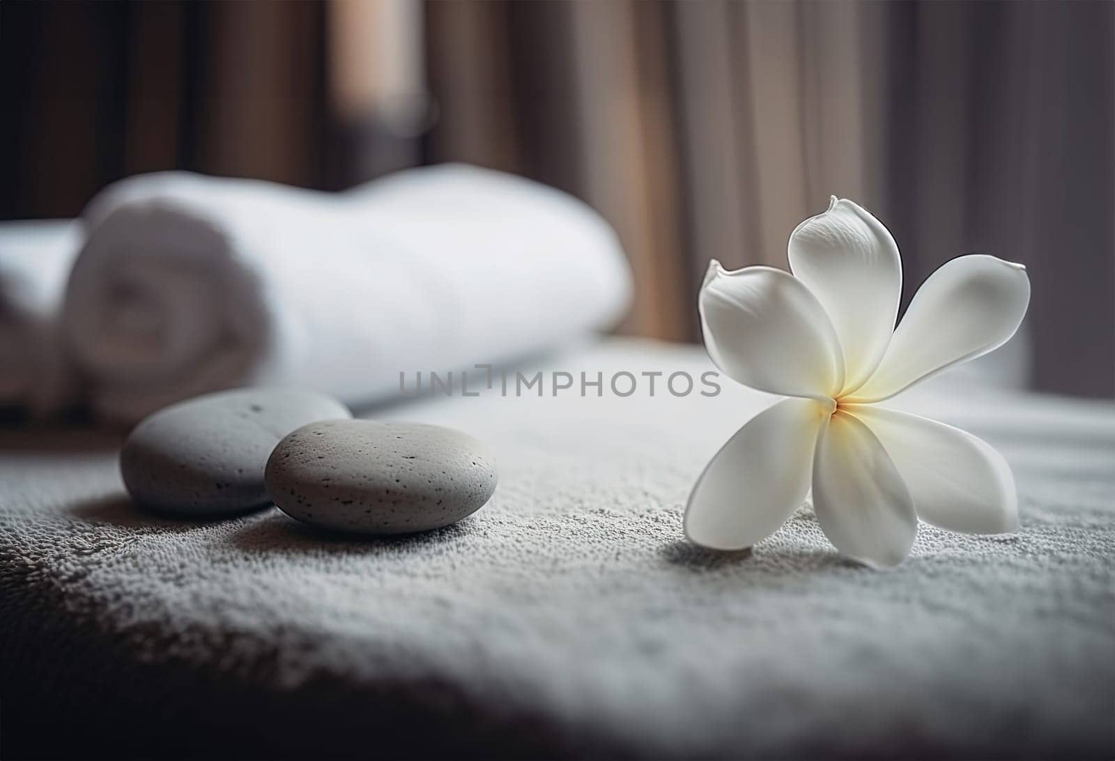 Spa treatments with white flower on a blanket with towels in spa salon