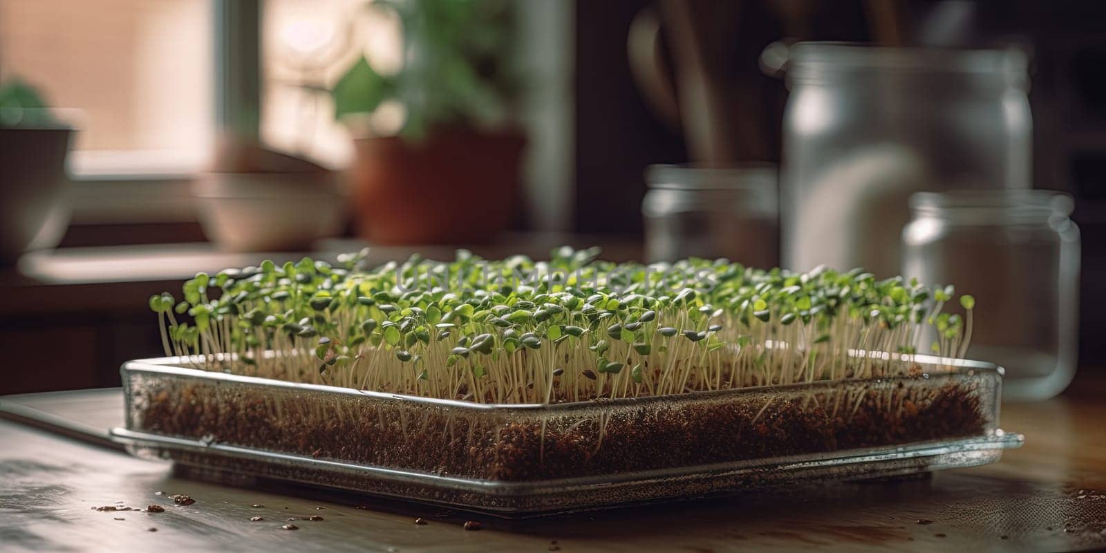 Growing micro green sprouts in glass container on a table, healthy organic farm in the kitchen