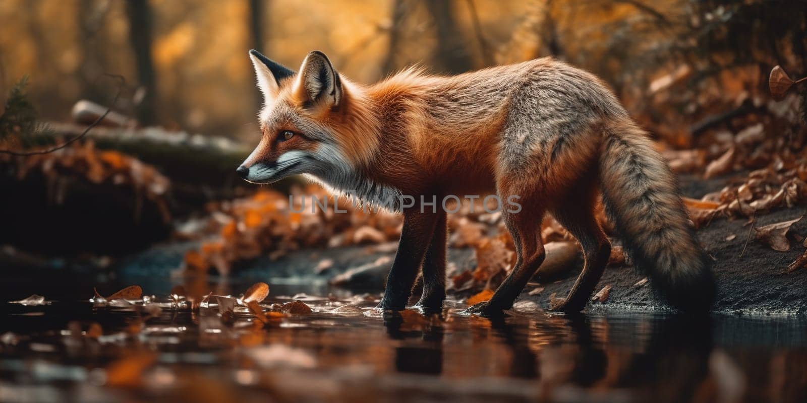 Red Fox By Puddle Of Water In Autumn Forest, Animal In Natural Habitat