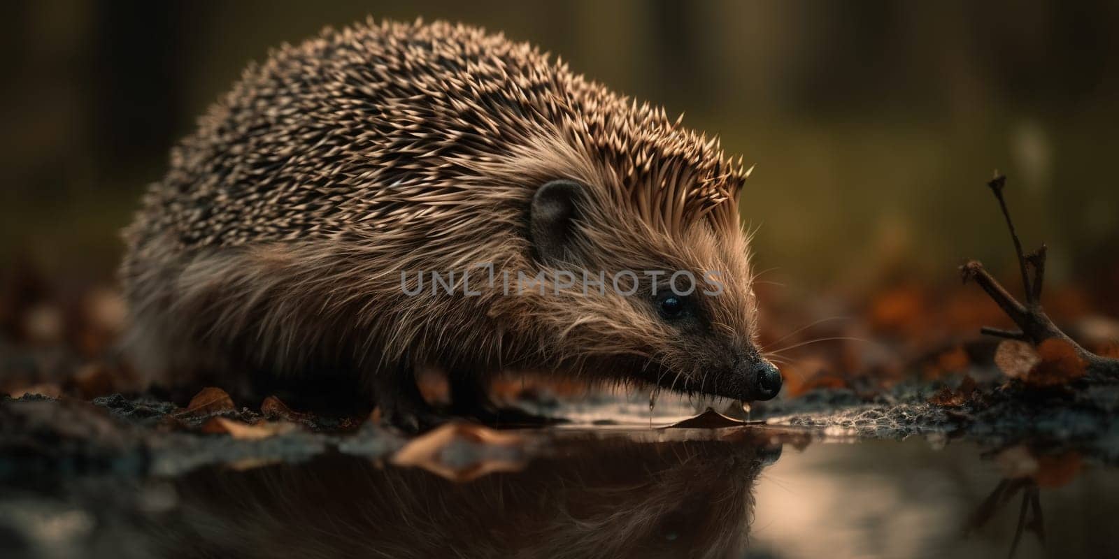 Wild Hedgehog Drinks Water From The Creek In The Forest, Animal In Natural Habitat