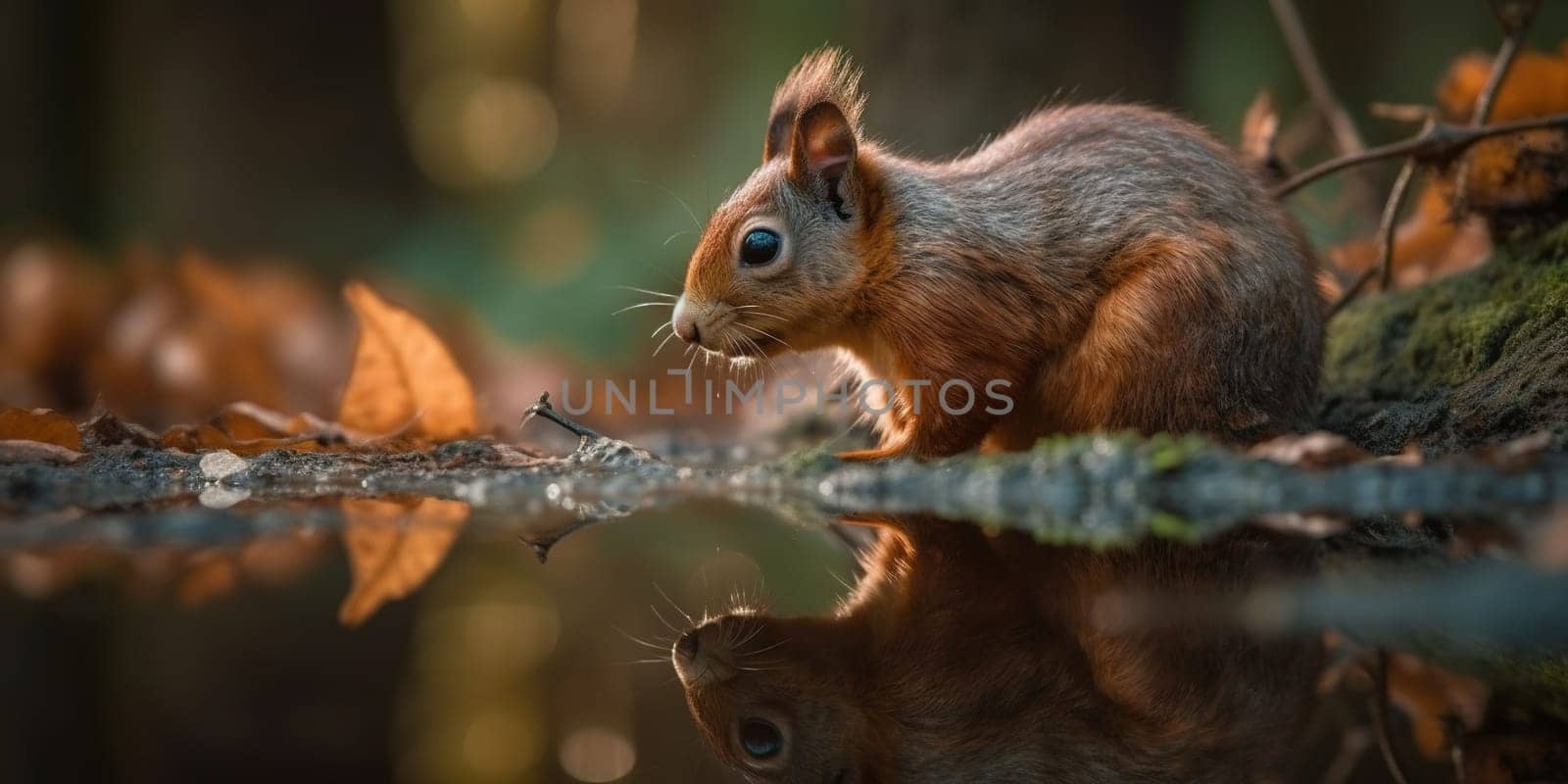 Cute Red Wild Squirrel Looking At Water Reflection In The Puddle In Forest by tan4ikk1