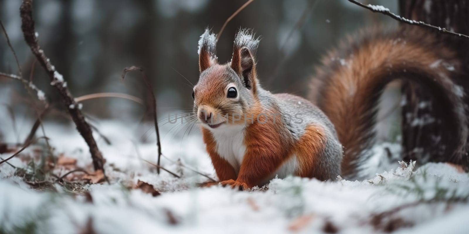 Cute Red Wild Squirrel In Winter In The Forest, Animal In Natural Habitat